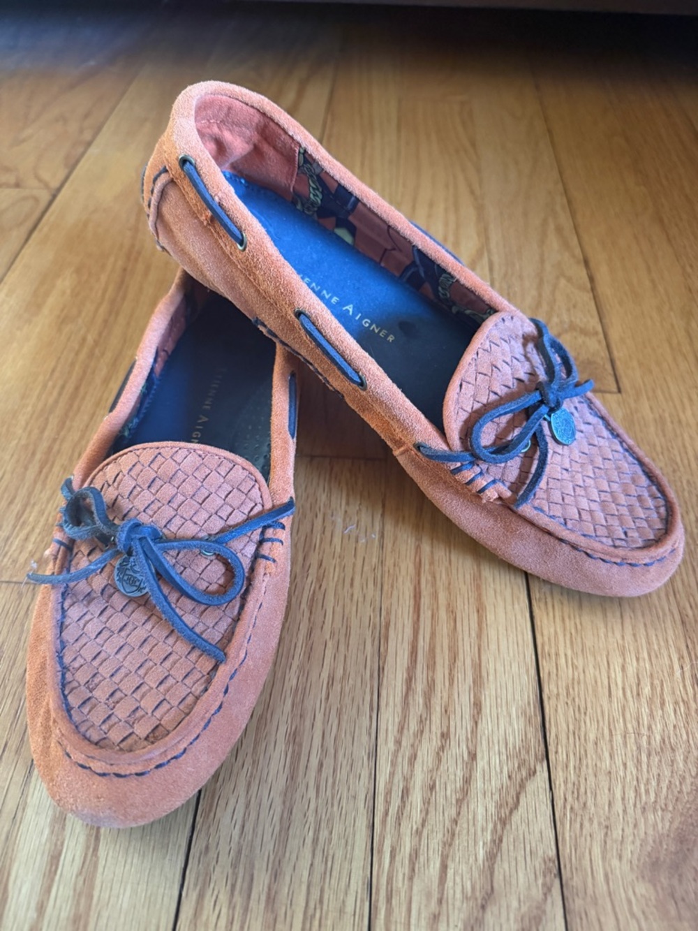 Etienne Aigner Coral Suede Moccasins with Navy Laces
